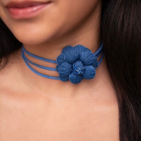Ras de cou cordon bleur et fleur en denim - My Jewellery