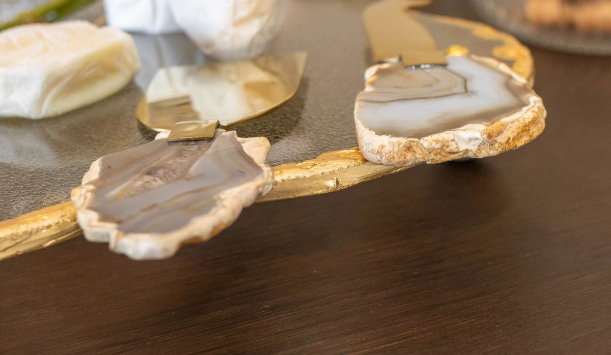 Beige agate stone cheese serving set - set of 3