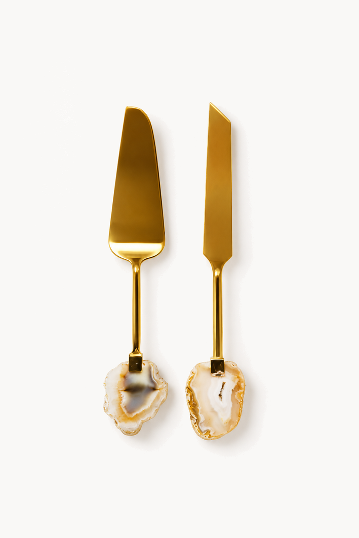 Pelle à tarte et couteau dorés pierre agate beige