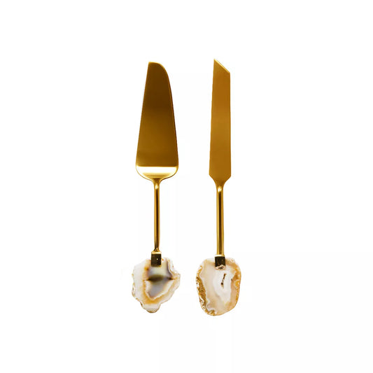 Gold-plated pie server and knife, beige agate stone