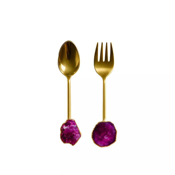 Verguld saladebestek, roze agaatsteen