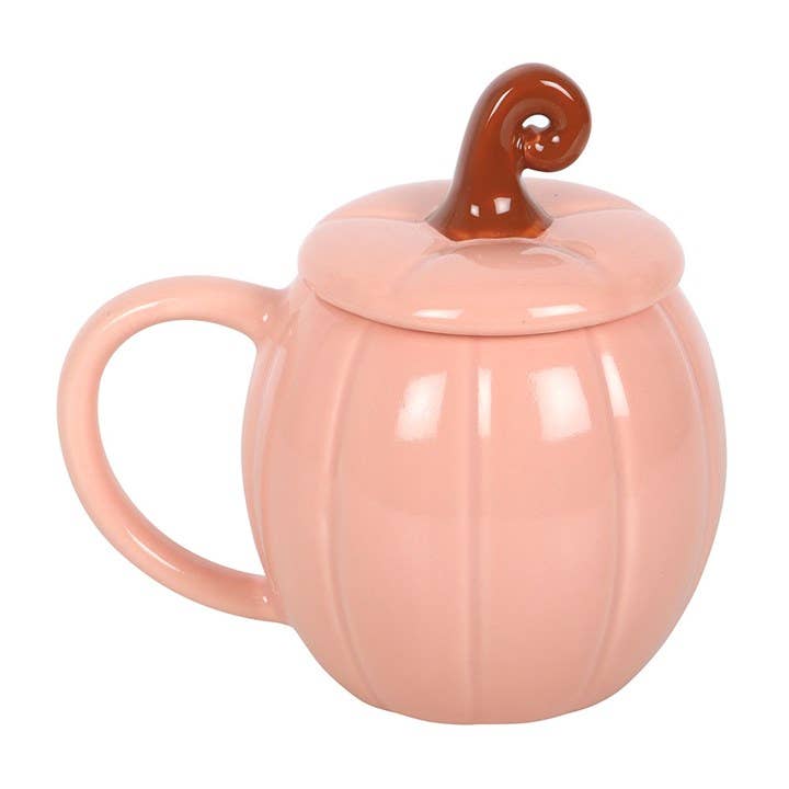 Pink Fall Mug with Lid, Swirly Pumpkin Design