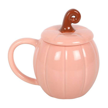 Pink Fall Mug with Lid, Swirly Pumpkin Design