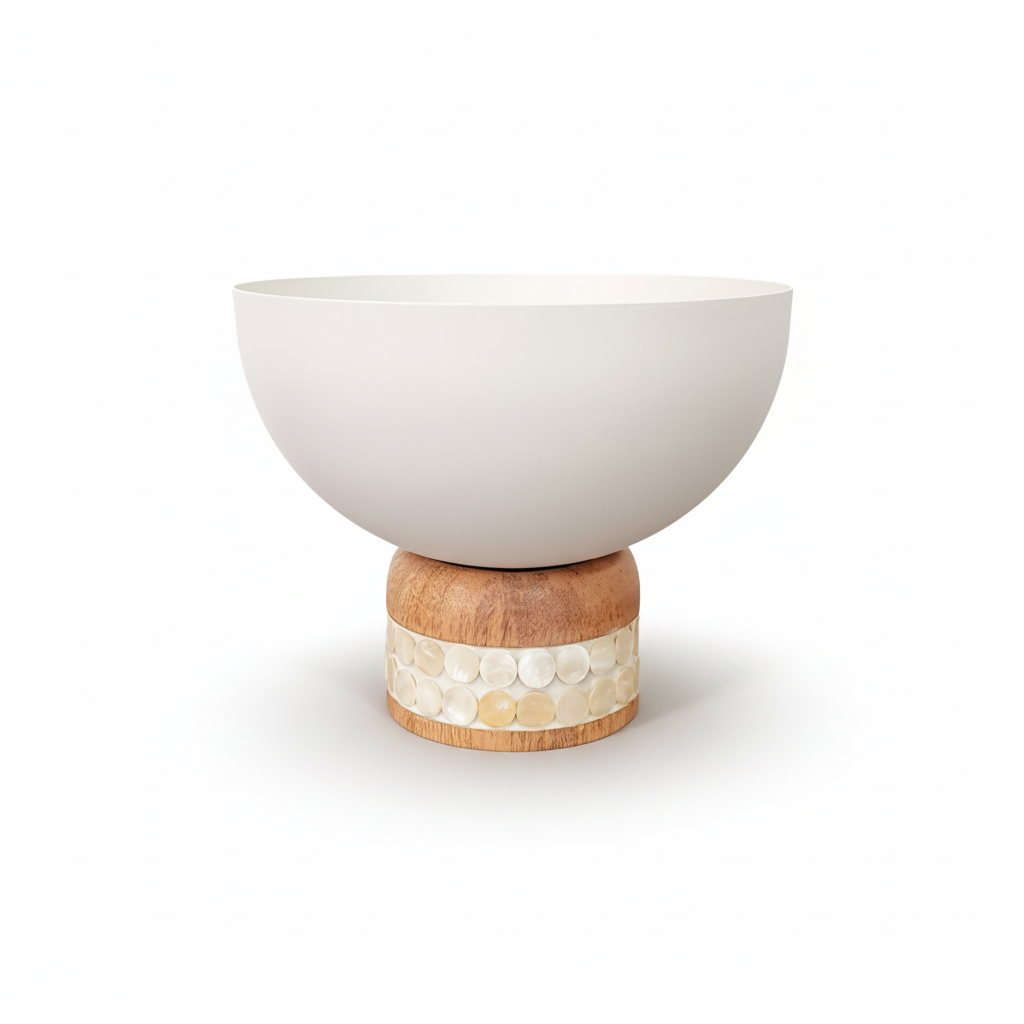 White fruit bowl on a wooden stand
