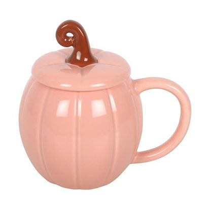 Pink Fall Mug with Lid, Swirly Pumpkin Design