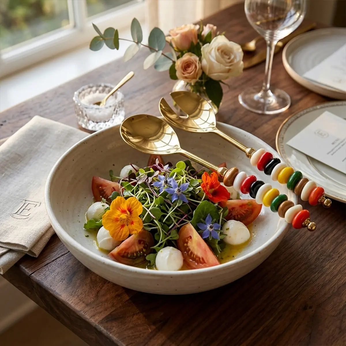 Couverts à salade dorés avec manche en pierres multicolores