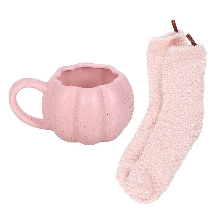 Pink Pumpkin Autumn Mug and Socks Set