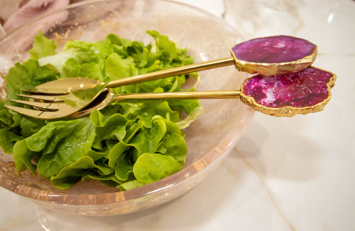Couverts à salade dorés pierre agate rose