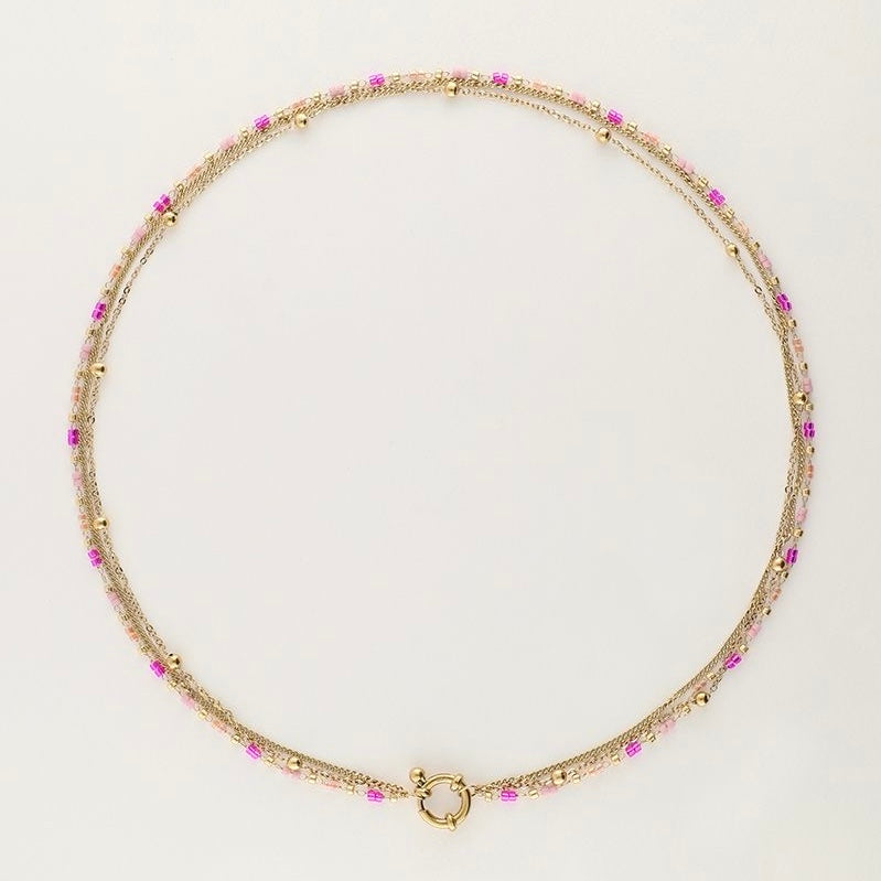 Collier triple avec perles vertes et roses  - My jewellery