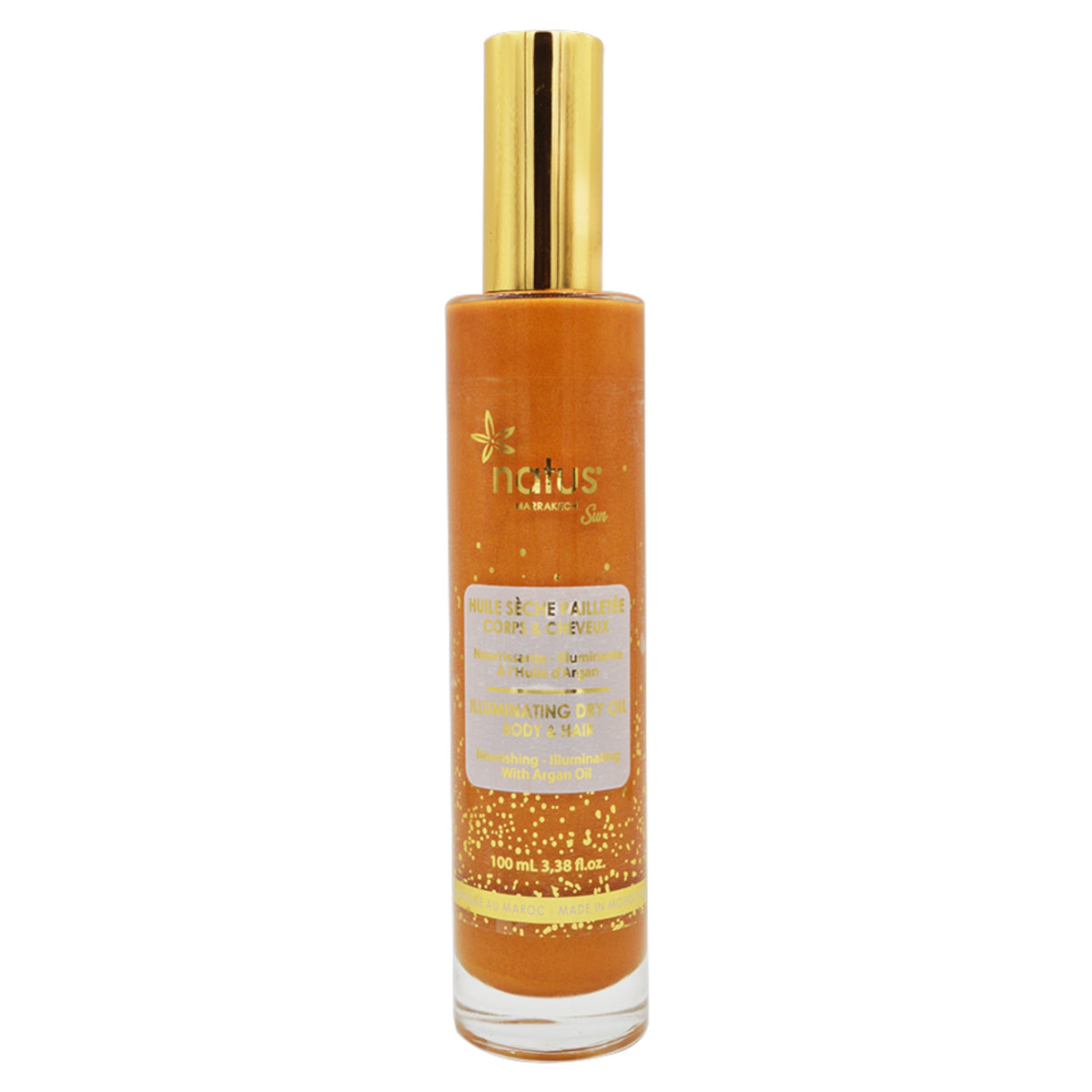 Huile sèche pailletée à l'argan, visage, corps et cheveux – Huile sèche pailletée Natus