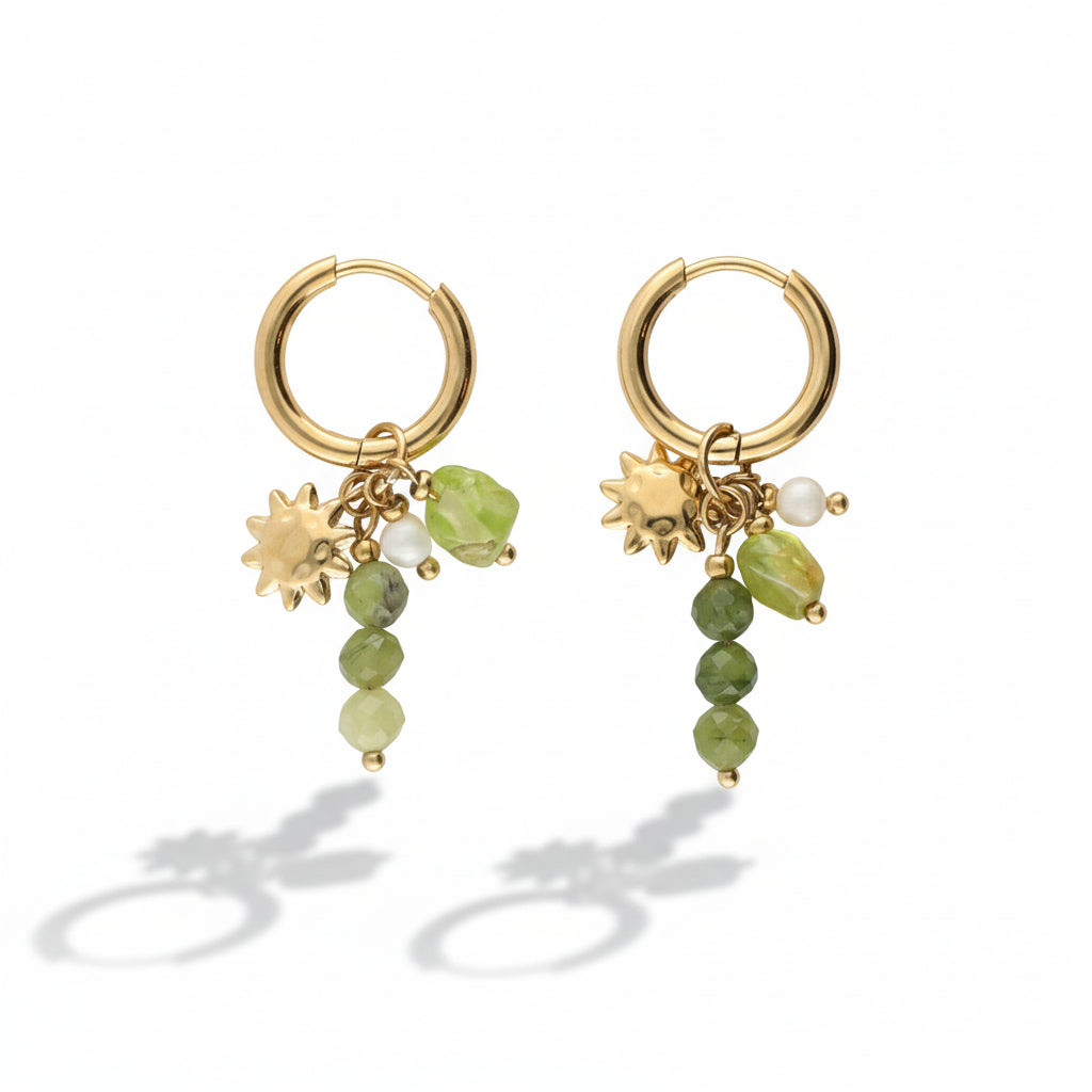 Sunrocks earrings with green pearls and sun
