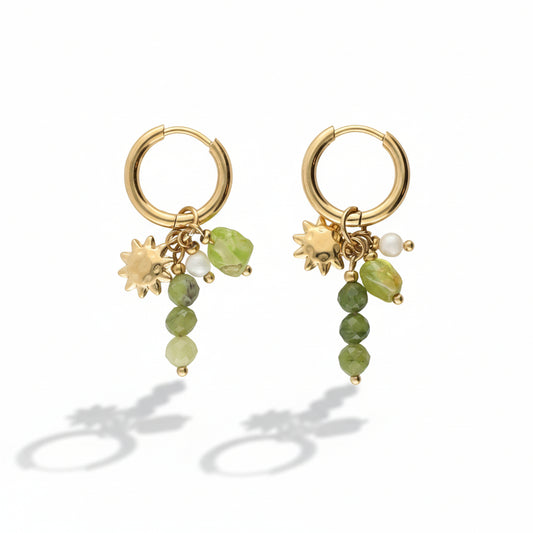 Boucles d'oreilles Sunrocks avec perles vertes et soleil
