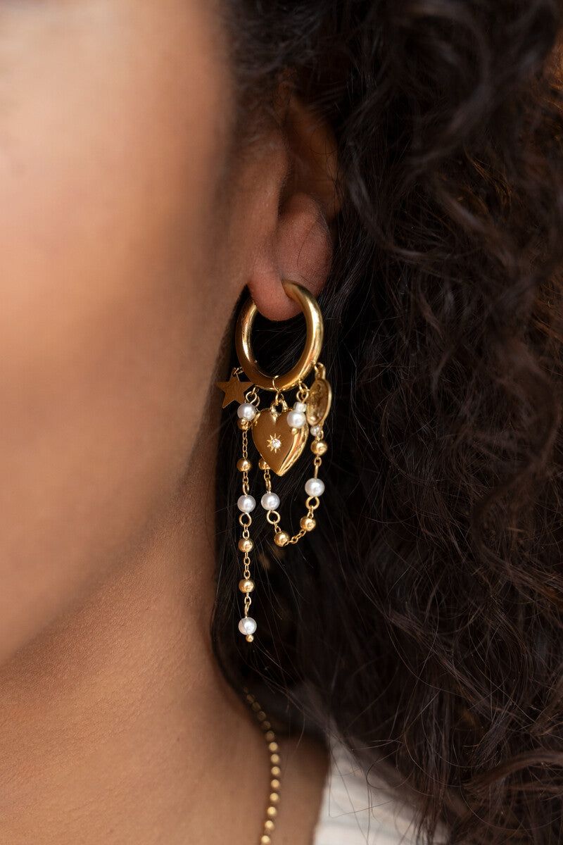 Boucles d'oreilles chaîne avec cœur et perles fantaisie