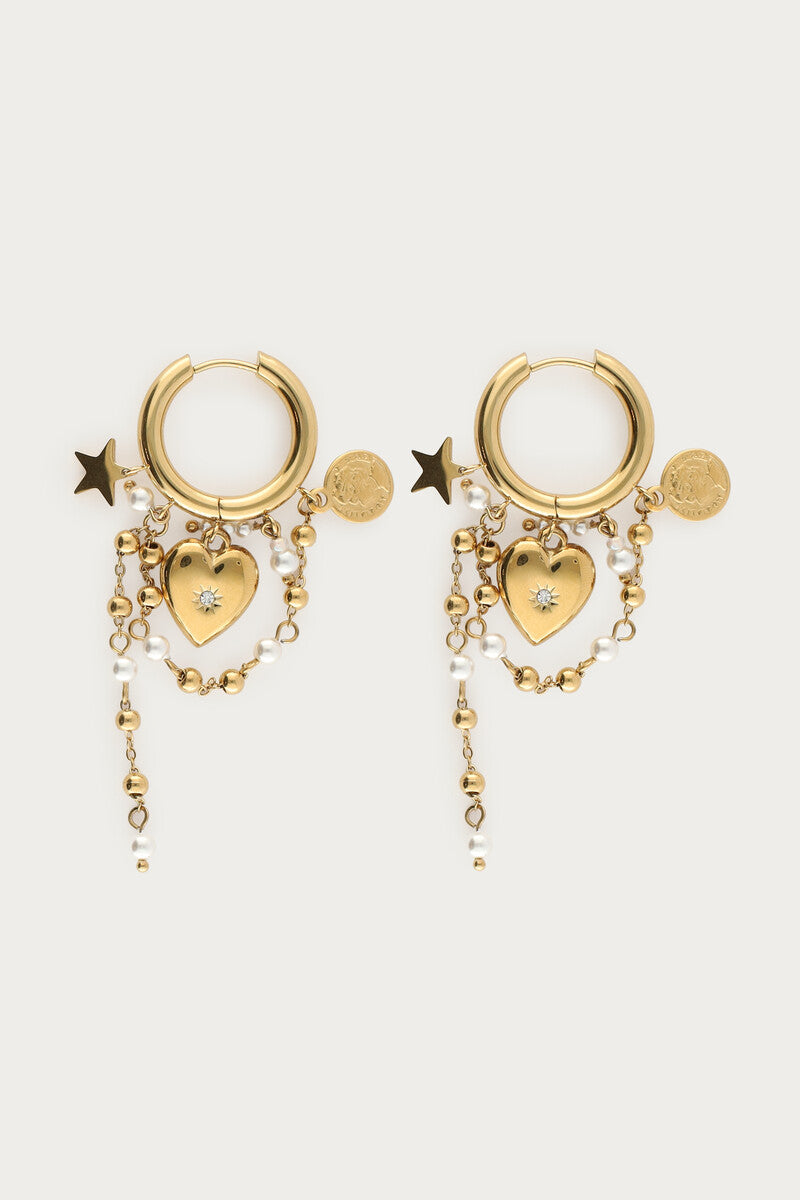 Boucles d'oreilles chaîne avec cœur et perles fantaisie
