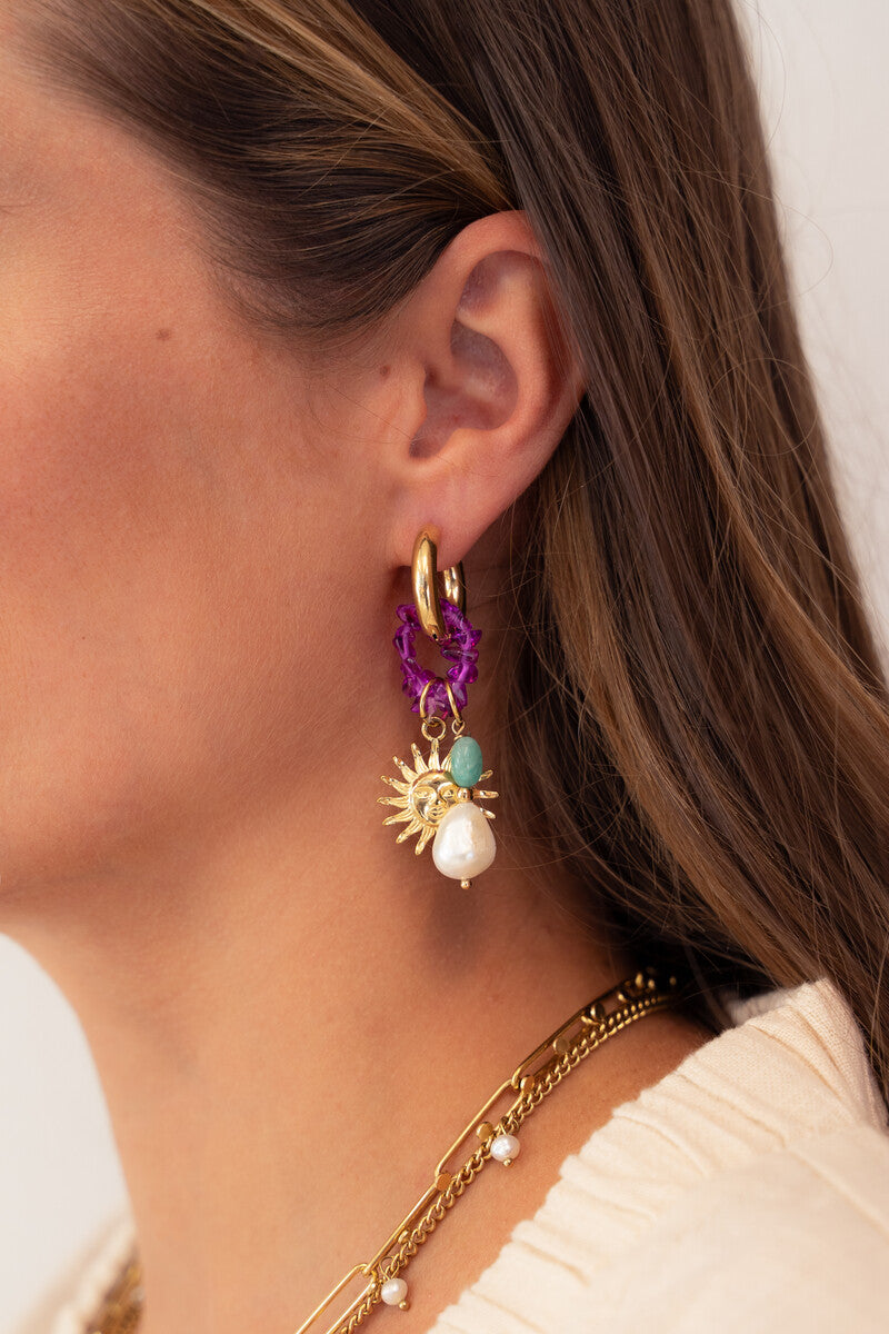 Sea-themed earrings with sun and fancy pearls