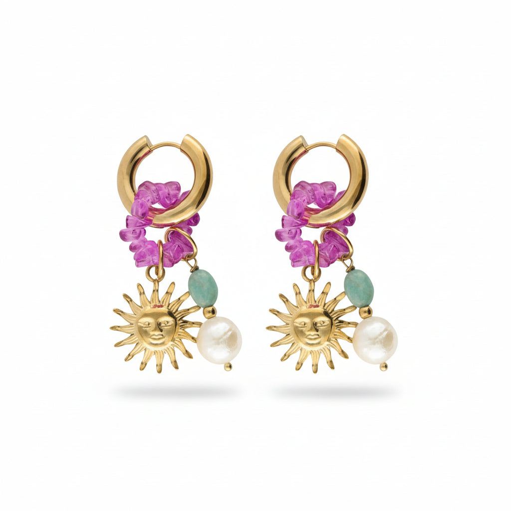 Sea-themed earrings with sun and fancy pearls