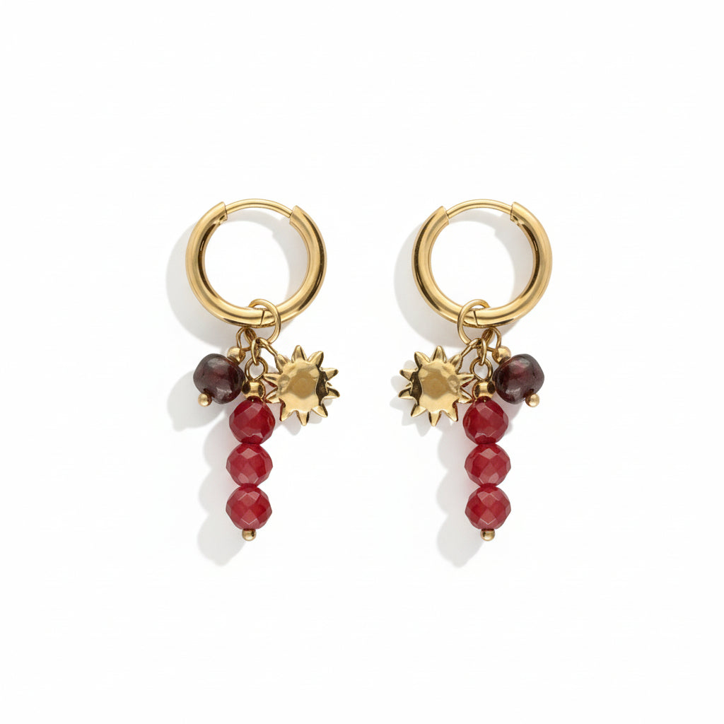 Boucles d'oreilles avec perles bordeaux et soleil