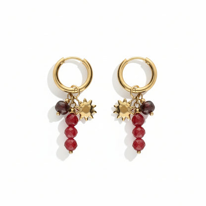 Boucles d'oreilles avec perles bordeaux et soleil