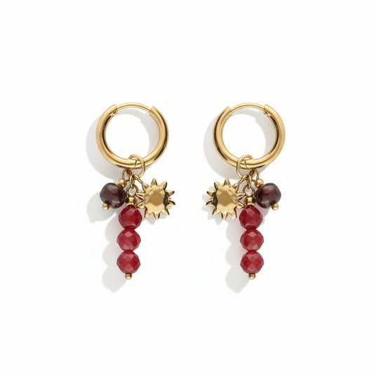 Boucles d'oreilles avec perles bordeaux et soleil