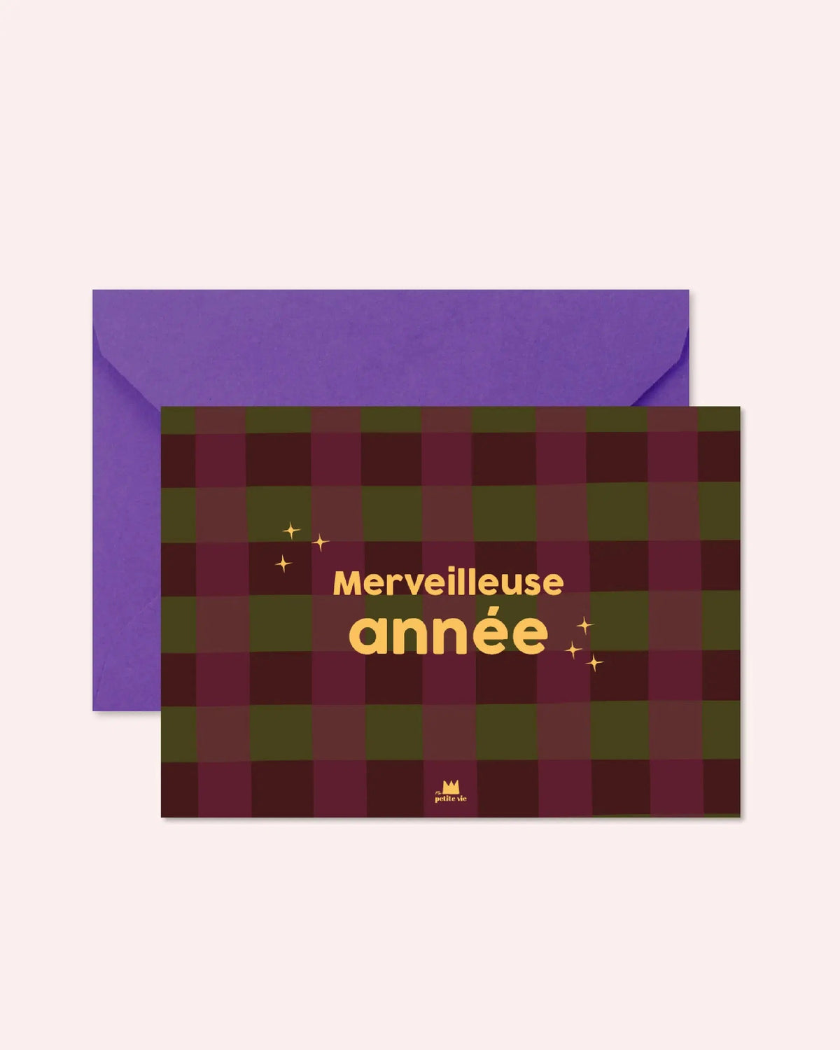 Carte Merveilleuse année A6 de Ma Petite Vie, lettres dorées sur tartan bordeaux et vert, avec son enveloppe violette