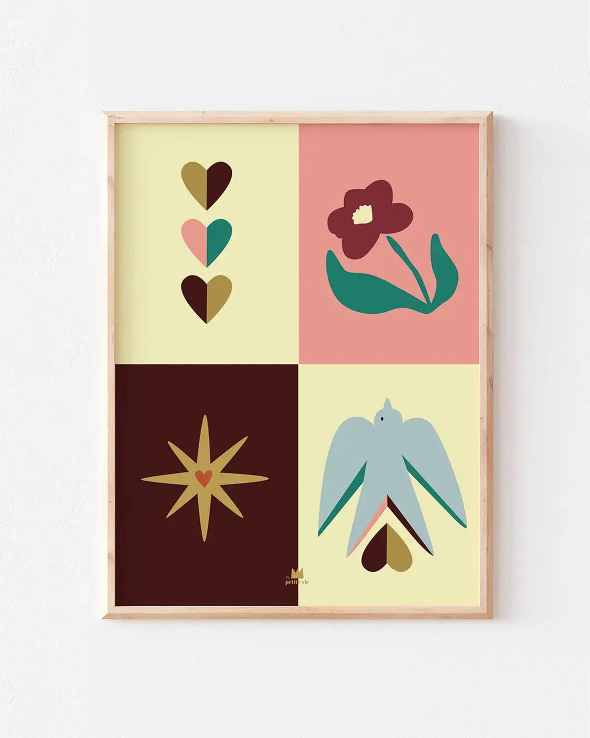 Affiche Quartier libre 30 × 40 cm de Ma Petite Vie, quatre cases cœurs, fleur, étoile et oiseau, présentée dans un cadre (non inclus)