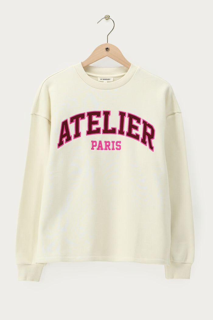 White sweater with satin-look print 'Atelier Paris'