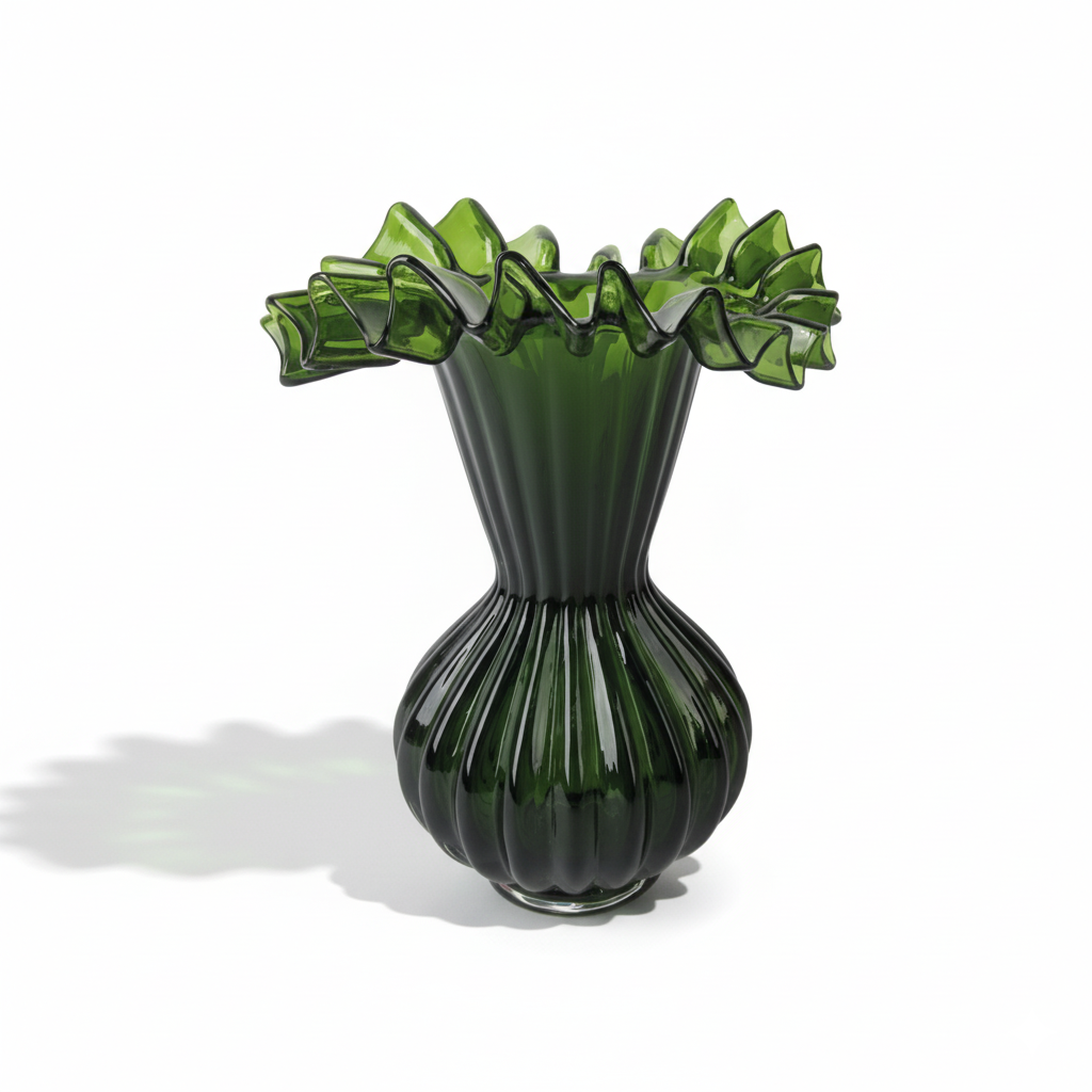 Vase en verre vert foncé à collerette délicate, 13,5 cm de diamètre, 19 cm – Vase Froufrou vert foncé, photo 2