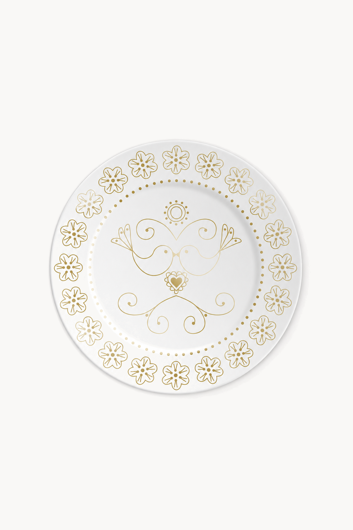 BIRDS - Assiette en porcelaine avec motif doré, de face sur fond blanc cassé