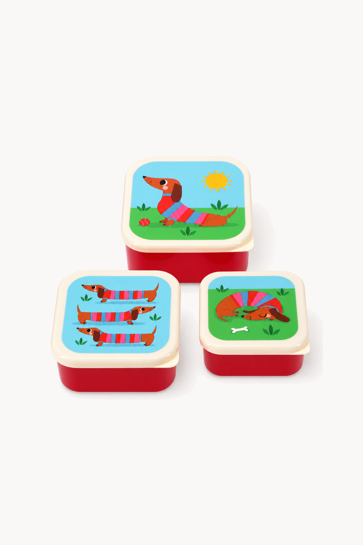 Boîtes à goûter (ensemble de 3) - Chien Saucisse Ensoleillé, de face sur fond blanc cassé
