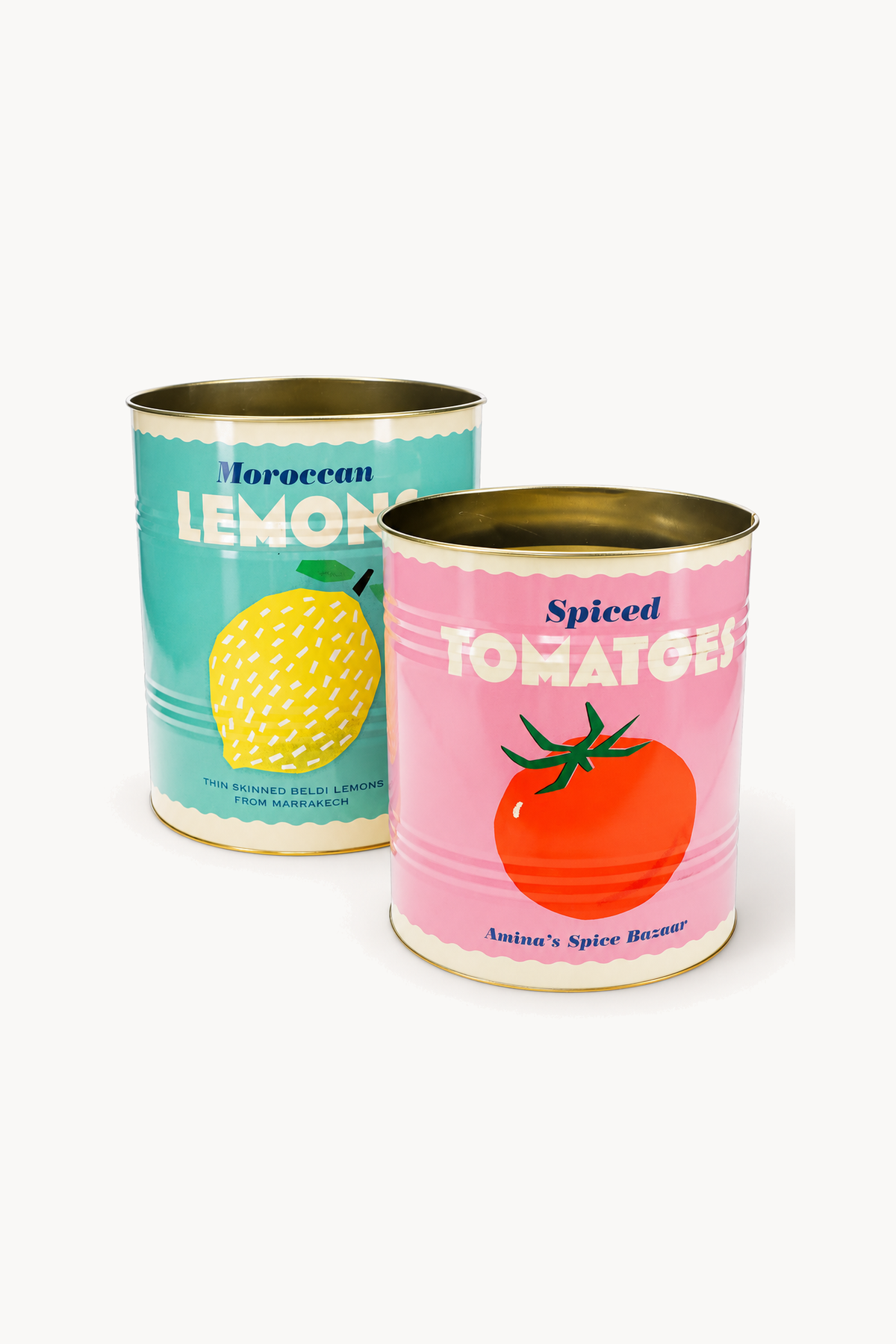 Boîtes de rangement XL (ensemble de 2) - Citron et tomate, de face sur fond blanc cassé