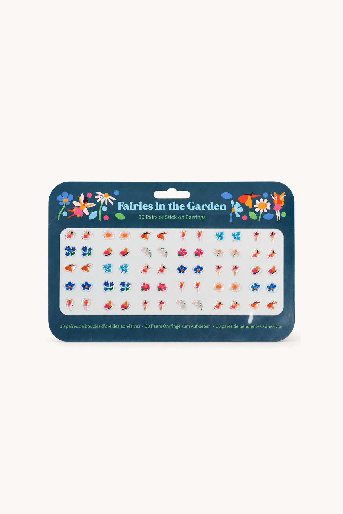 Boucles d'oreilles autocollantes (30 paires) - Fées dans le jardin, de face sur fond blanc cassé