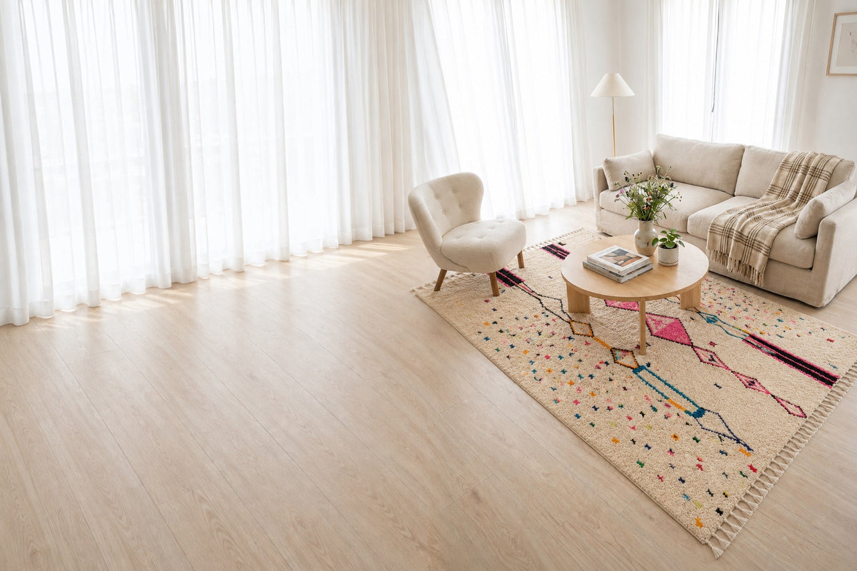 Tapis berbère Azilal 002 aux motifs colorés dans un salon clair, sous une table basse en bois