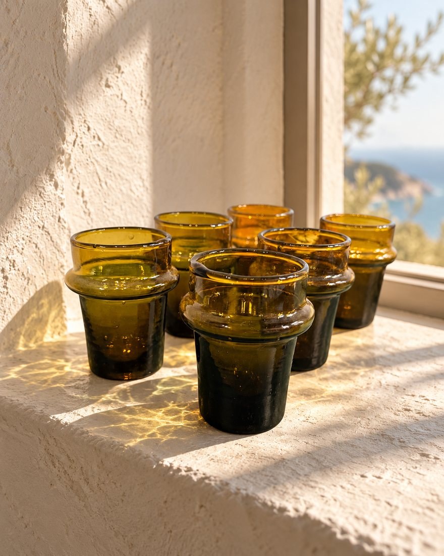 Verres beldi soufflés, vert et ambre, au soleil