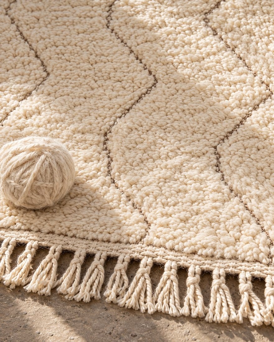 Tapis berbère en laine écrue noué à la main