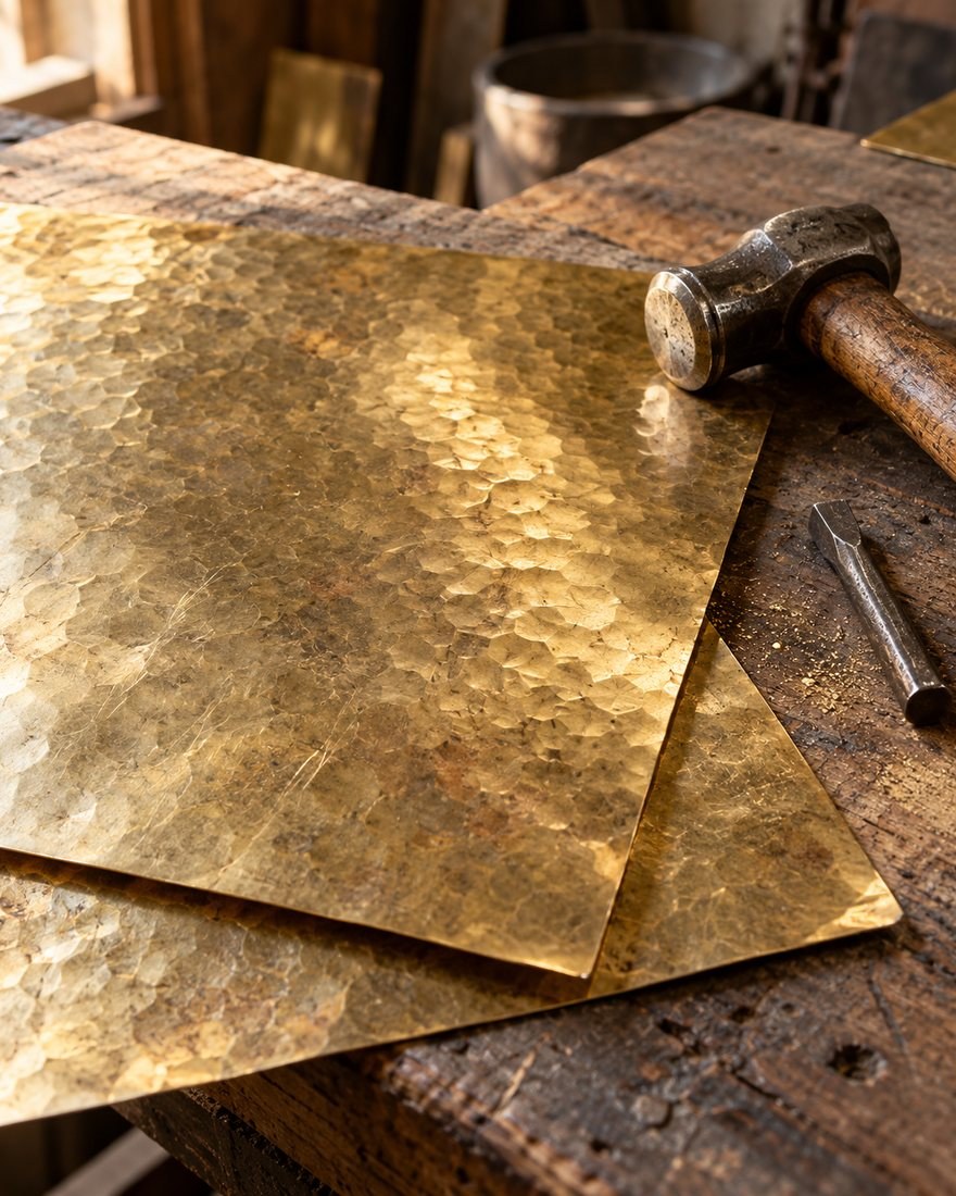 Feuilles de laiton martelées sur un établi de dinandier