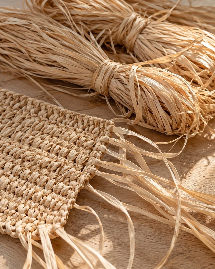 Fibres de raphia naturel et tressage en cours