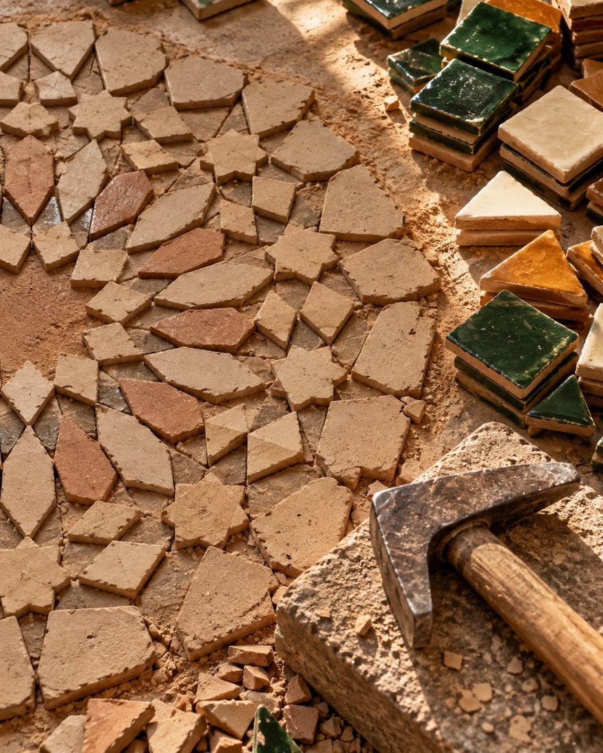 Un artisan pose à la main des carreaux de zellige émaillés