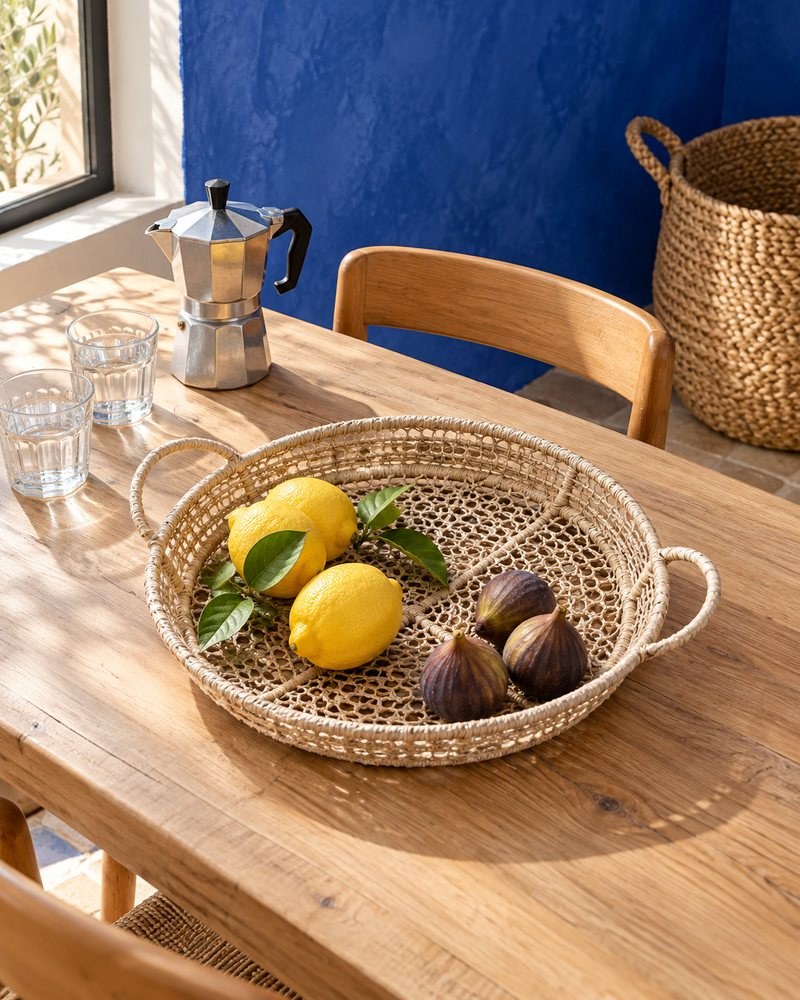 Plateau en raphia et panier en palmier sur une table