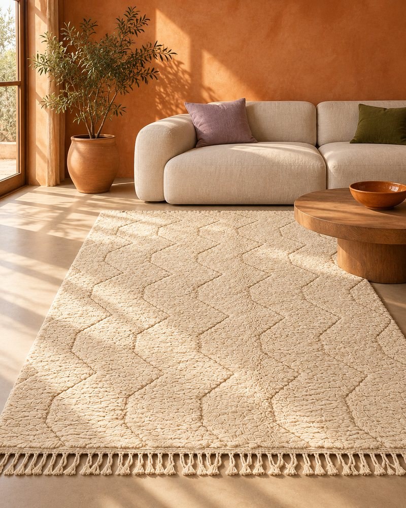 Salon avec un tapis berbère Beni Ouarain