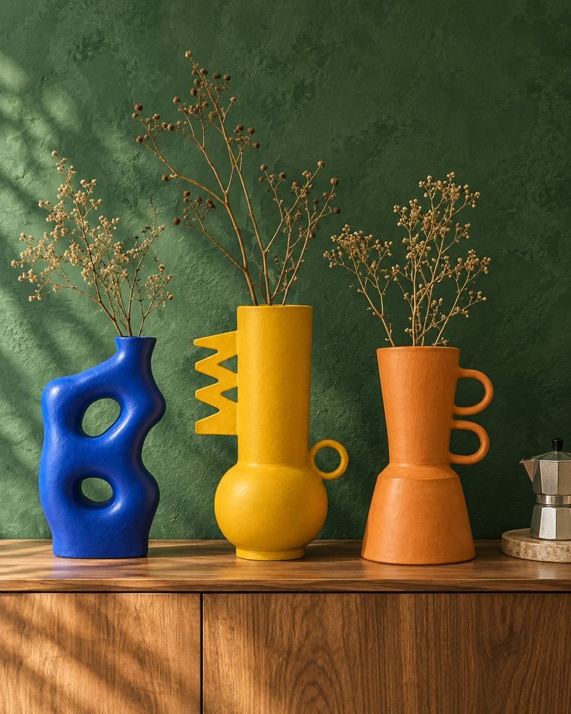 Vases JAVELA, PUNGETI et POULATRE sur un buffet