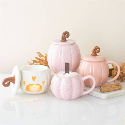 Pink Fall Mug with Lid, Swirly Pumpkin Design