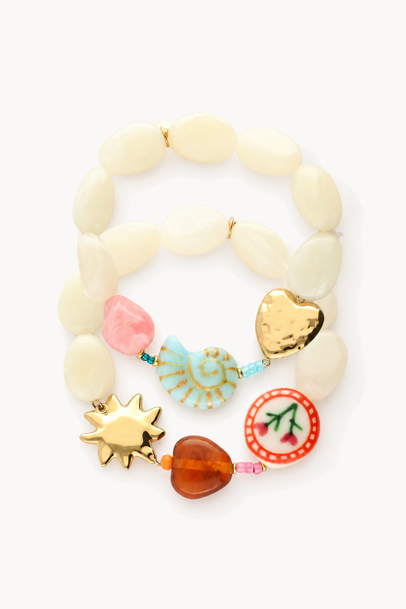Set of beige beaded stretch bracelets