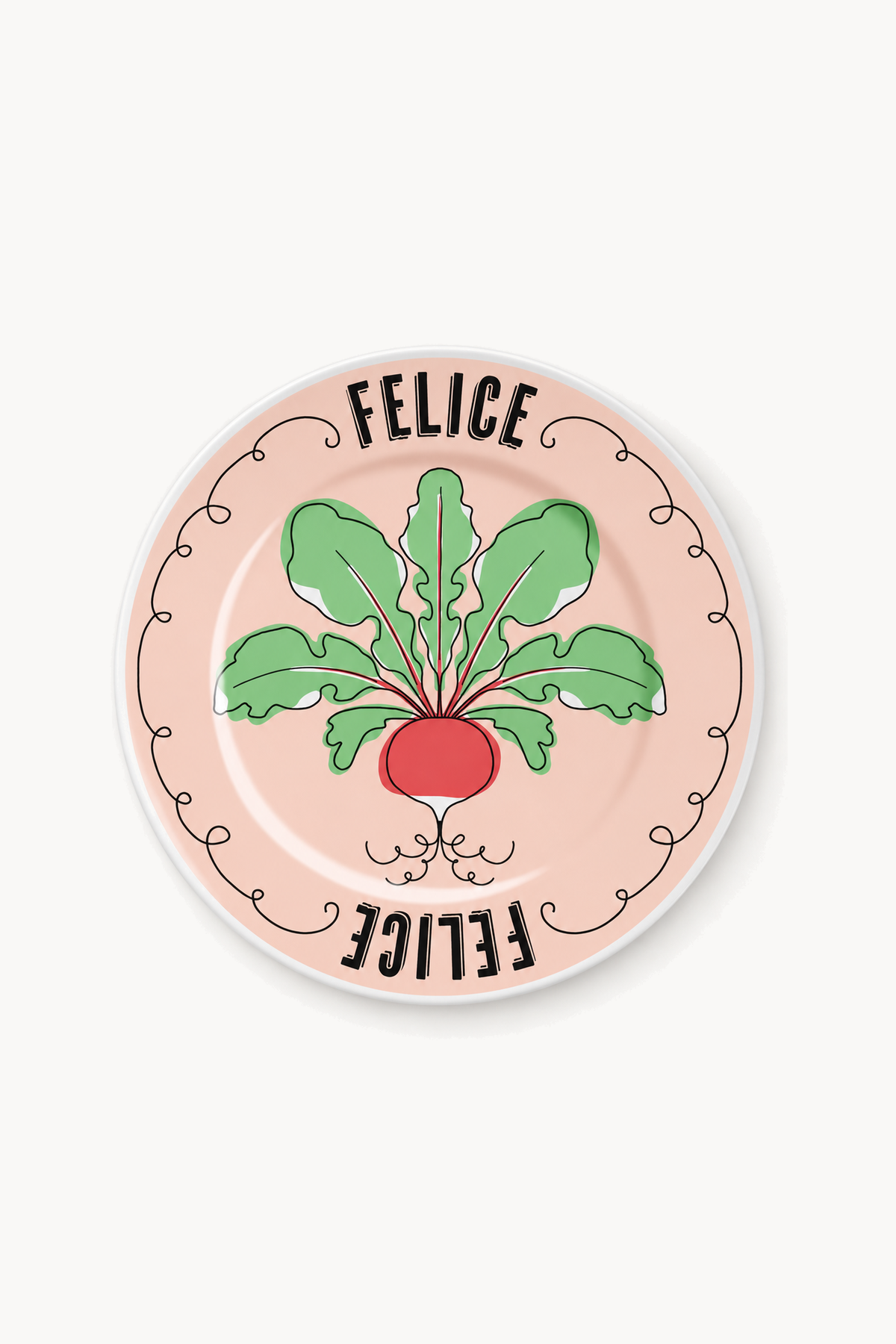 FELICE - Assiette en porcelaine avec inscription, de face sur fond blanc cassé