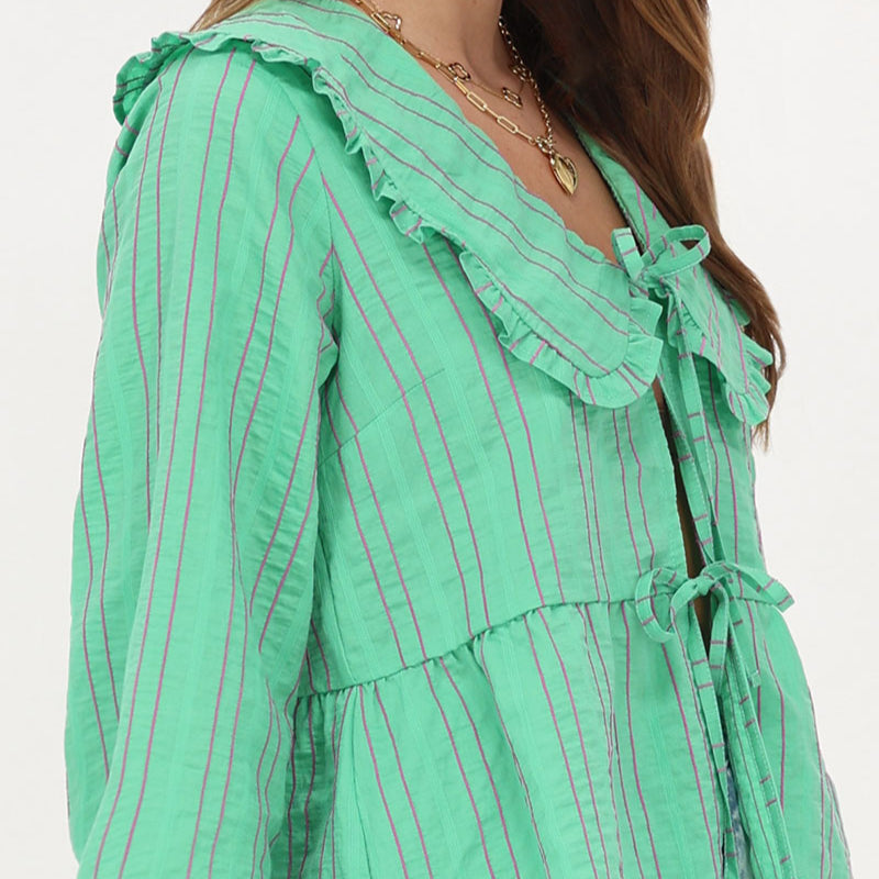 Green striped blouse with bow