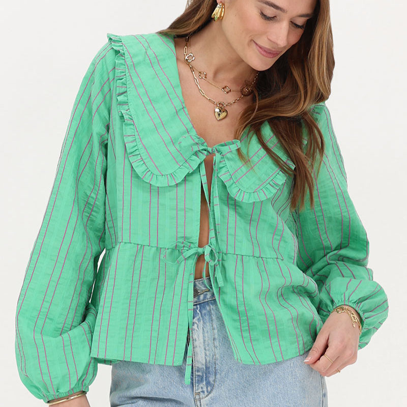 Green striped blouse with bow