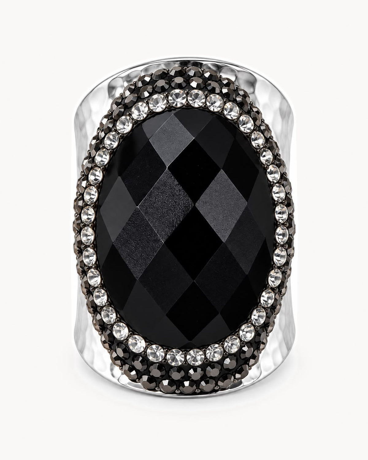 Bague argentée à pierre et strass — onyx