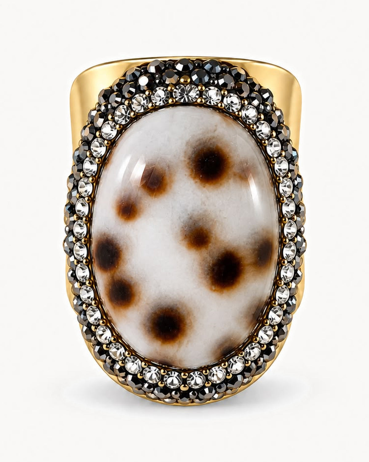 Bague dorée à pierre et strass — coquillage tigré