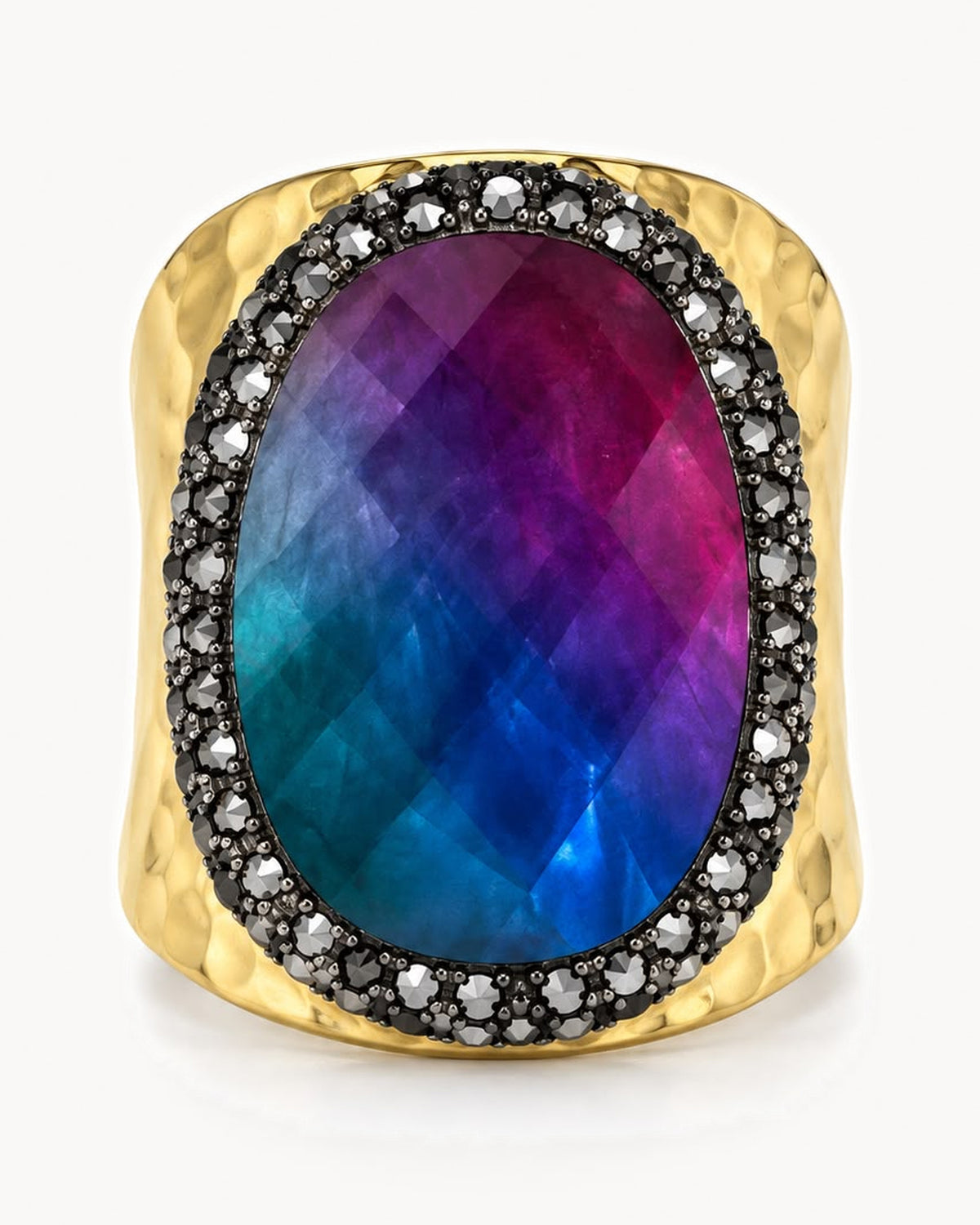 Bague dorée à pierre et strass — dégradé violet bleu