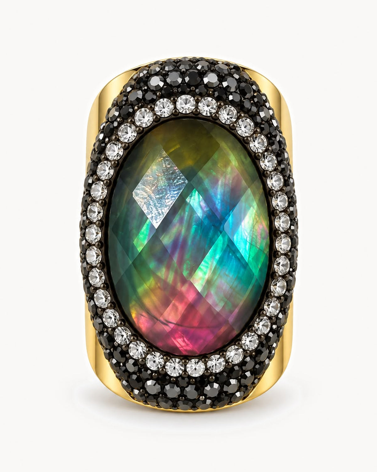 Bague dorée à pierre et strass — irisée verte