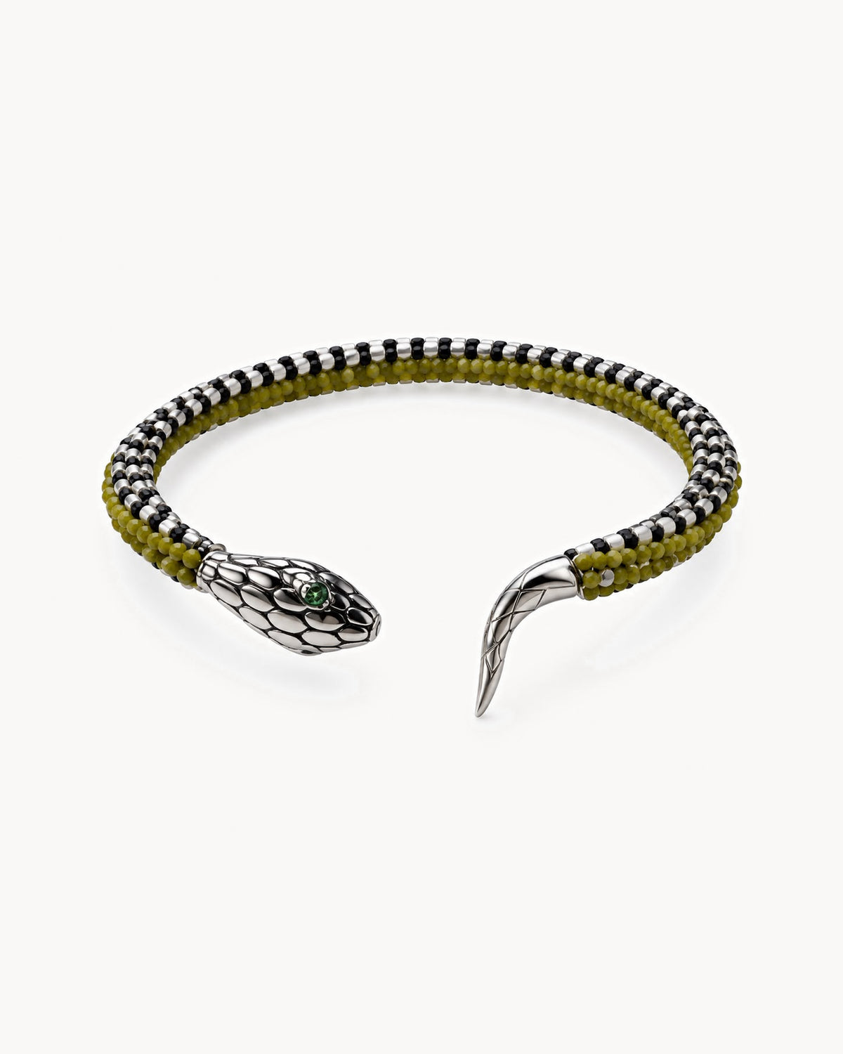 Bracelet jonc serpent argenté en perles — kaki et damier